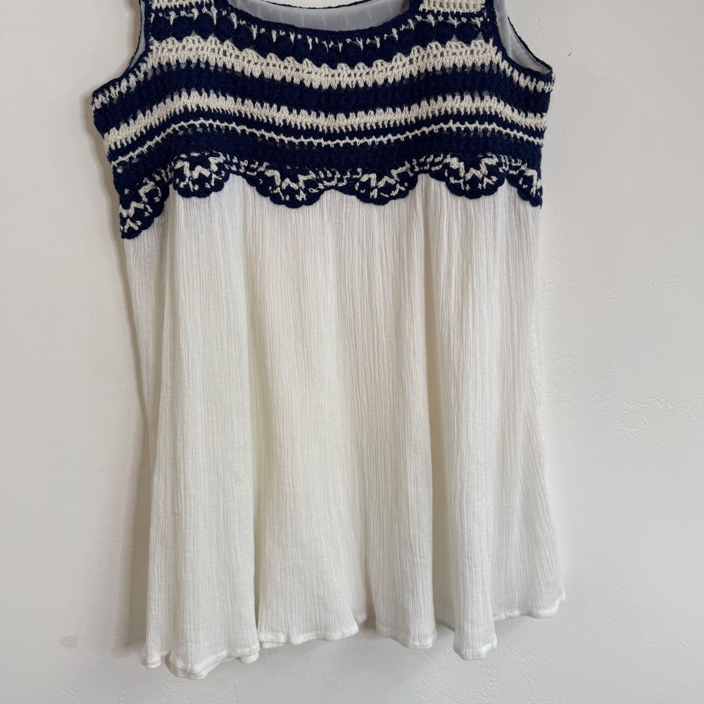 Calypso‎ St Barth Crochet Gauze Tank Top M Lace Up Back White Navy Boho Coastal - Picture 6 of 10